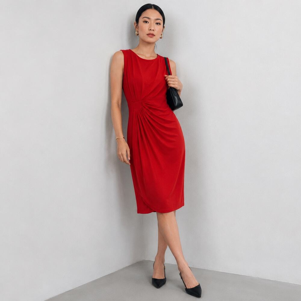 Classic Red Ruched Waist En Focus Studio Stretch Sheath Dress Size 10